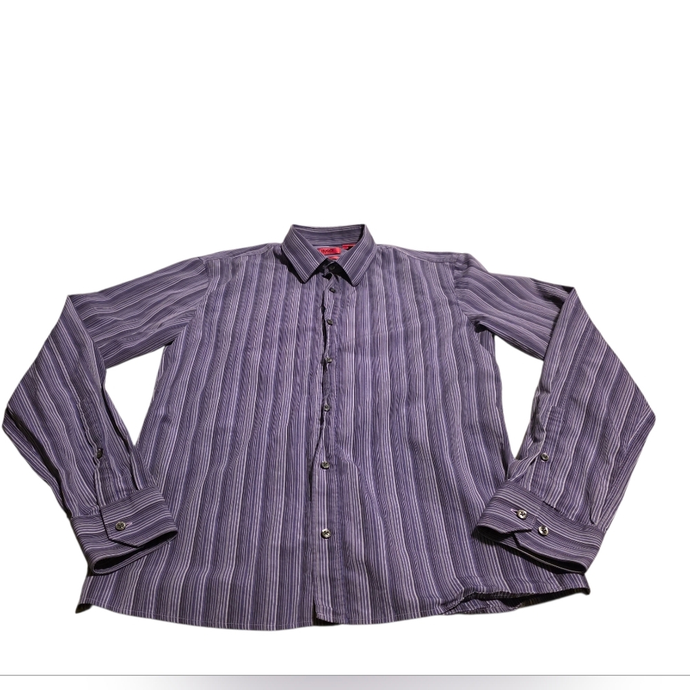 Hugo Vertical Striped Purple Slim Fit Button-Up Dress Shirt Size L EUC